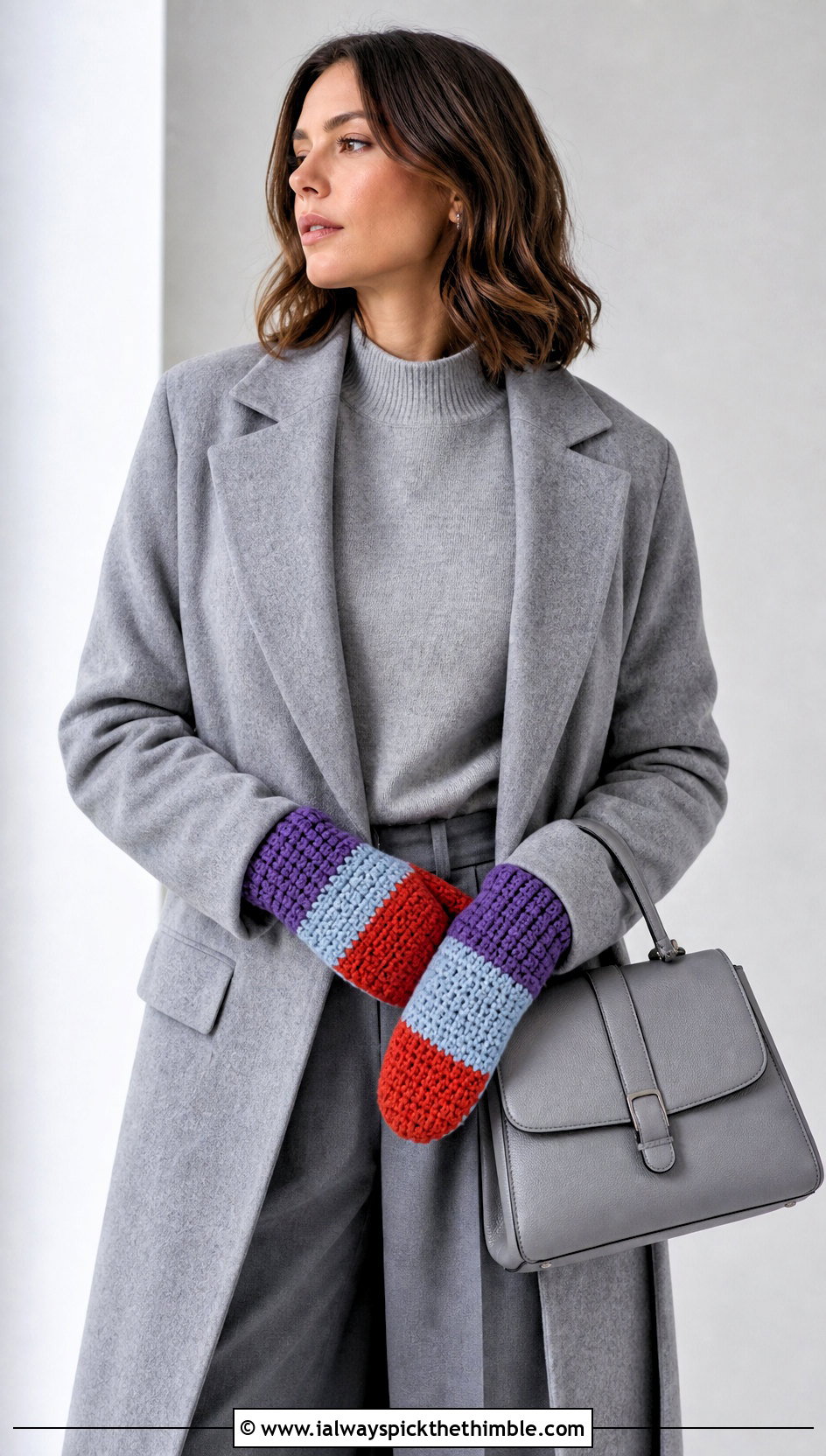 Color Block Crochet Mittens With Monochrome Outfit - 25 easy crochet mittens for beginners outfit ideas