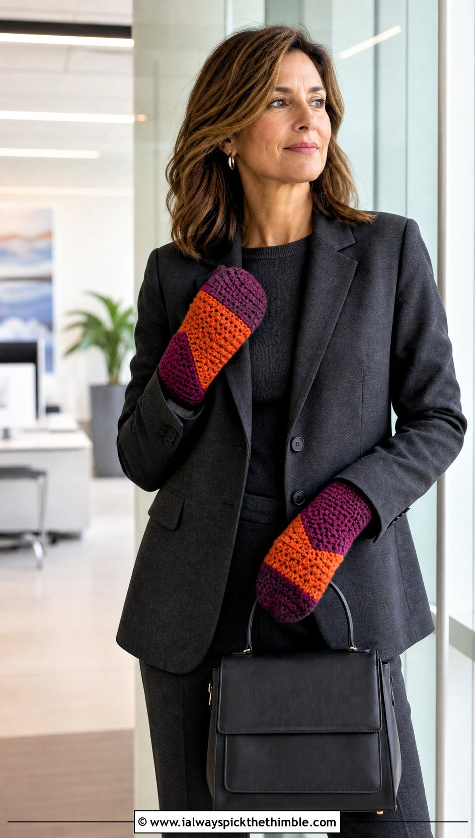 Color Block Crochet Mittens With Monochrome Suit - 25 crochet hand gloves outfit ideas