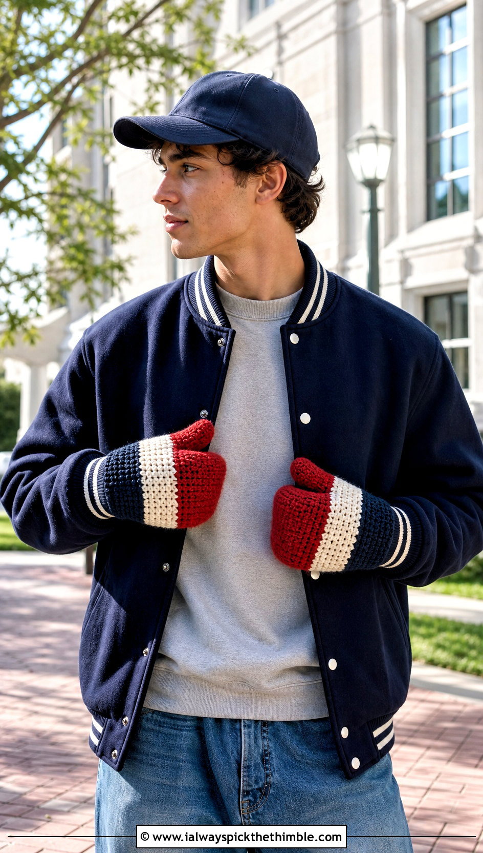 Color Block Crochet Mittens With Varsity Jacket - 20 crochet mittens for men outfit ideas
