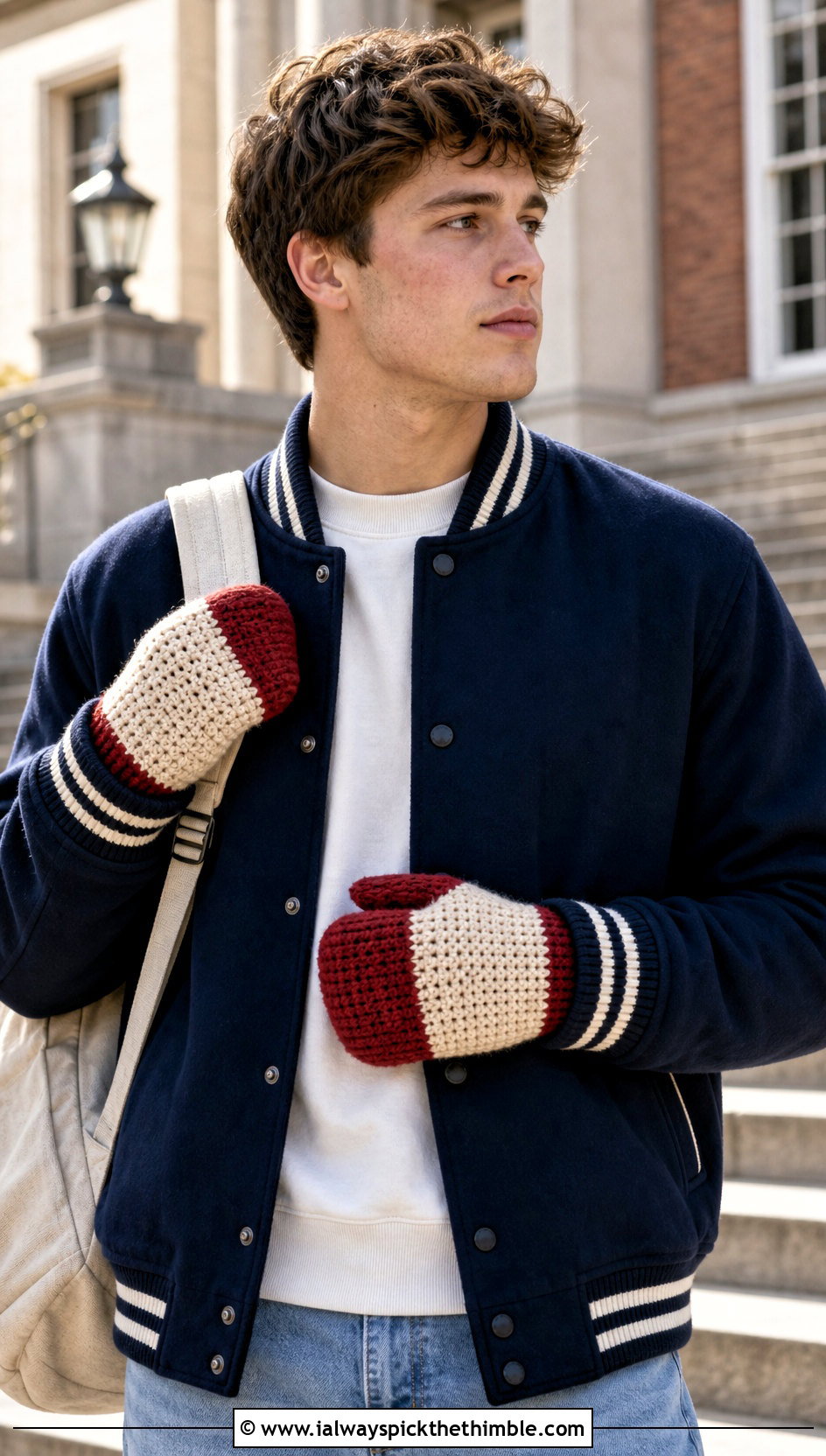 Color Block Crochet Mittens With Varsity Jacket - 20 Mens Crochet Mittens outfit ideas