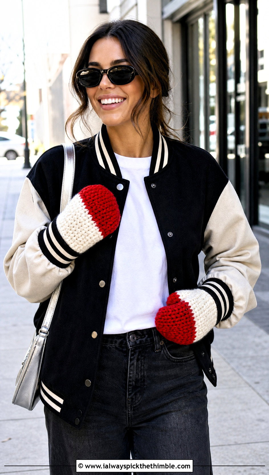 Color Block Crochet Mittens With Varsity Jacket - 20 Simple Crochet Mittens outfit ideas