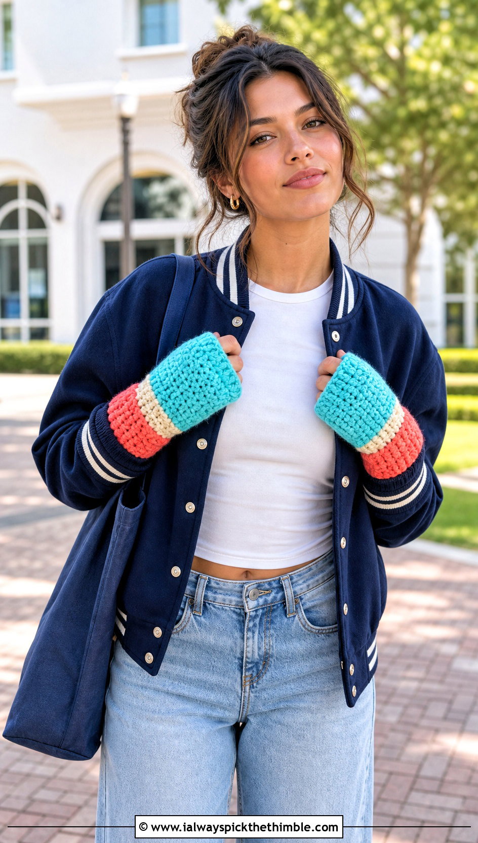 Color Block Crochet Mittens With Varsity Jacket - 25 easy crochet mittens outfit ideas