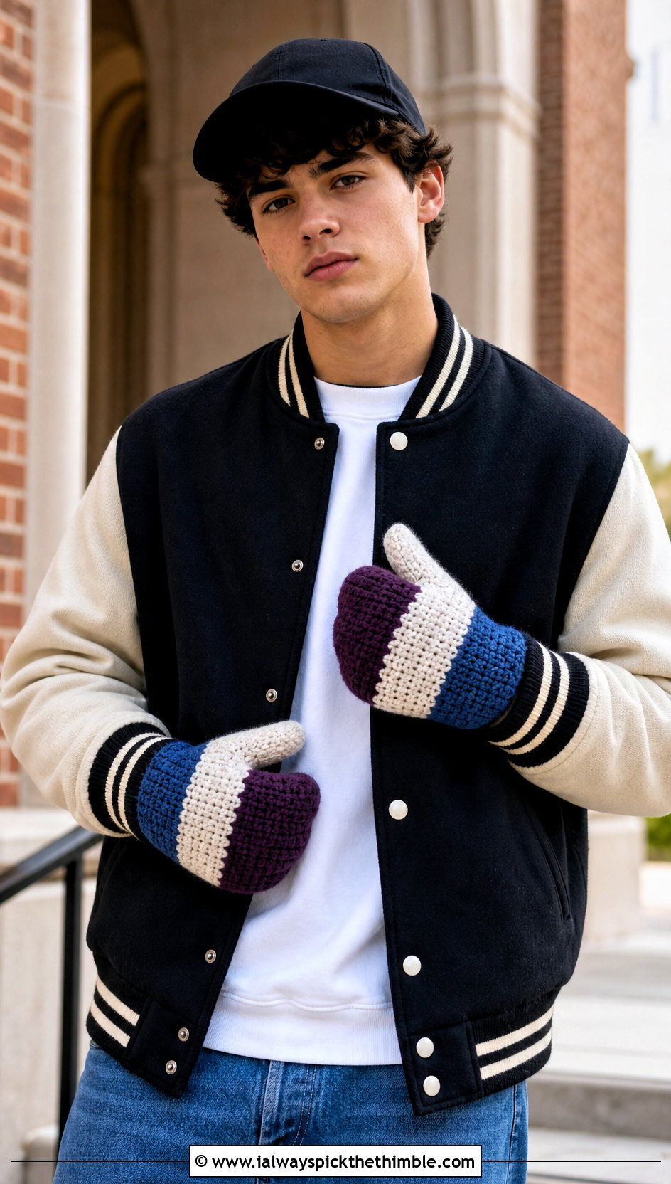Color Block Crochet Mittens With Varsity Jacket - 20 Crochet Mens Mittens outfit ideas