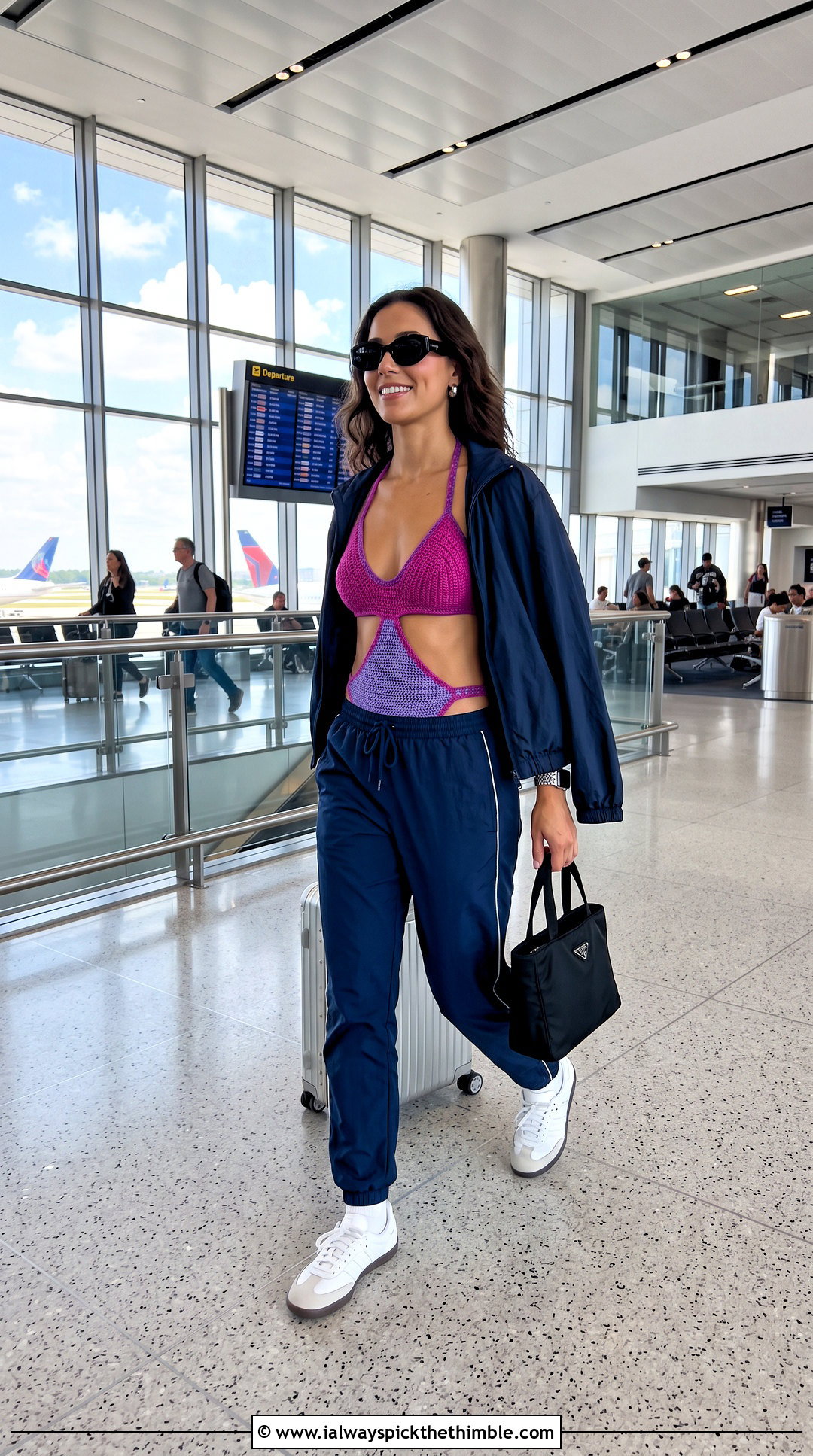 Color Block Crochet Monokini With Track Pants - 20 crochet monokini outfit ideas