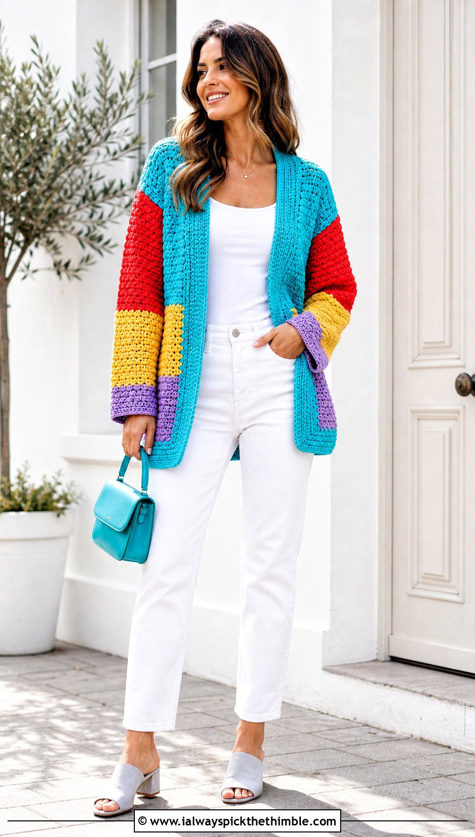 Color Block Crochet Moss Stitch Cardigan With White Jeans - 20 crochet moss stitch cardigan outfit ideas