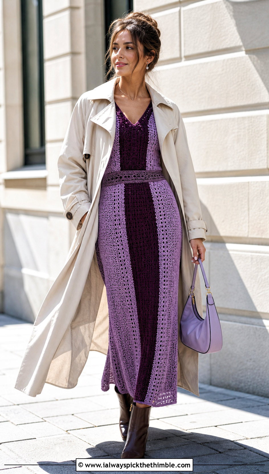 Color Block Crochet Nightgown With Neutral Trench - 25 crochet nightgown outfit ideas