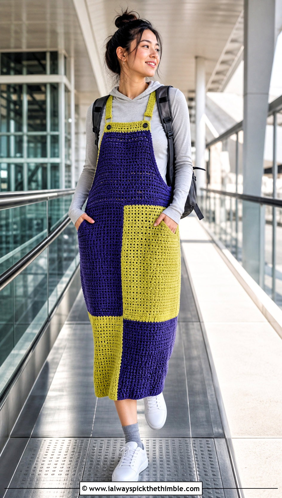 Color Block Crochet Overall Dress With Hoodie - 25 Crochet Overall Dress outfit ideas