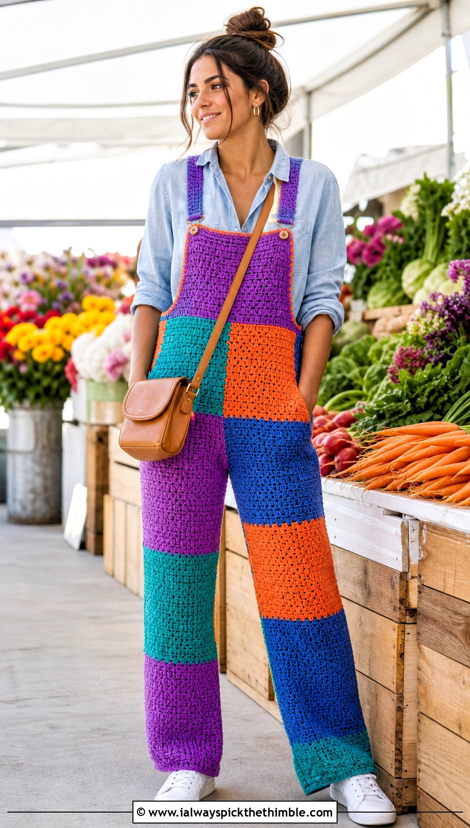 Color Block Crochet Overalls With Denim Shirt - 25 crochet overalls outfit ideas