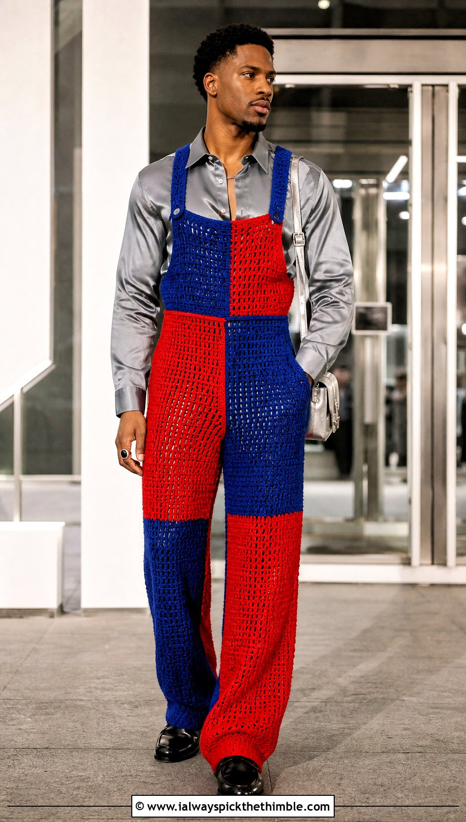 Color Block Crochet Overalls With Satin Shirt - 15 crochet overalls men outfit ideas