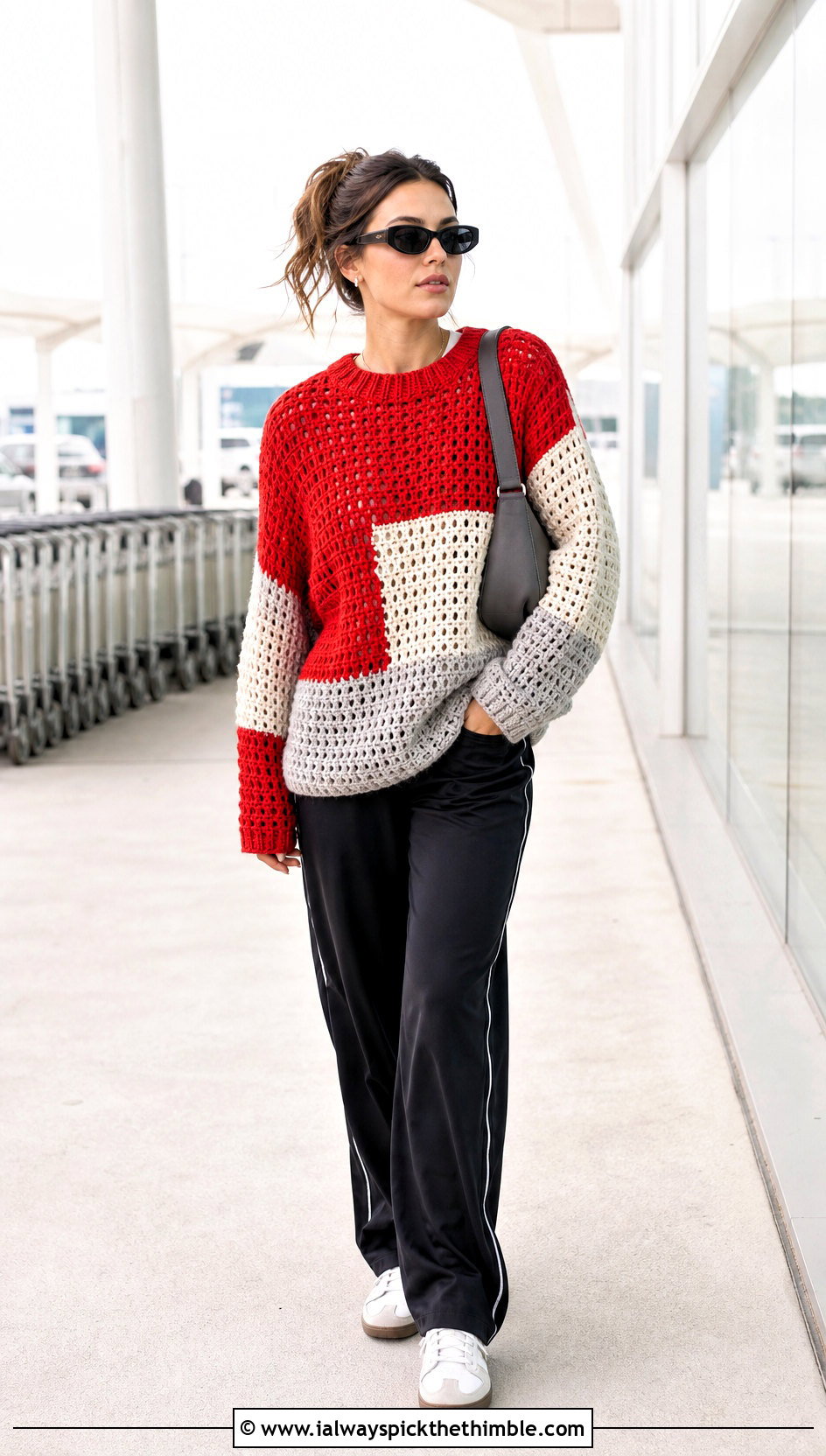 Color Block Crochet Oversized Sweater With Track Pants - 20 Easy Crochet Oversized Sweater outfit ideas