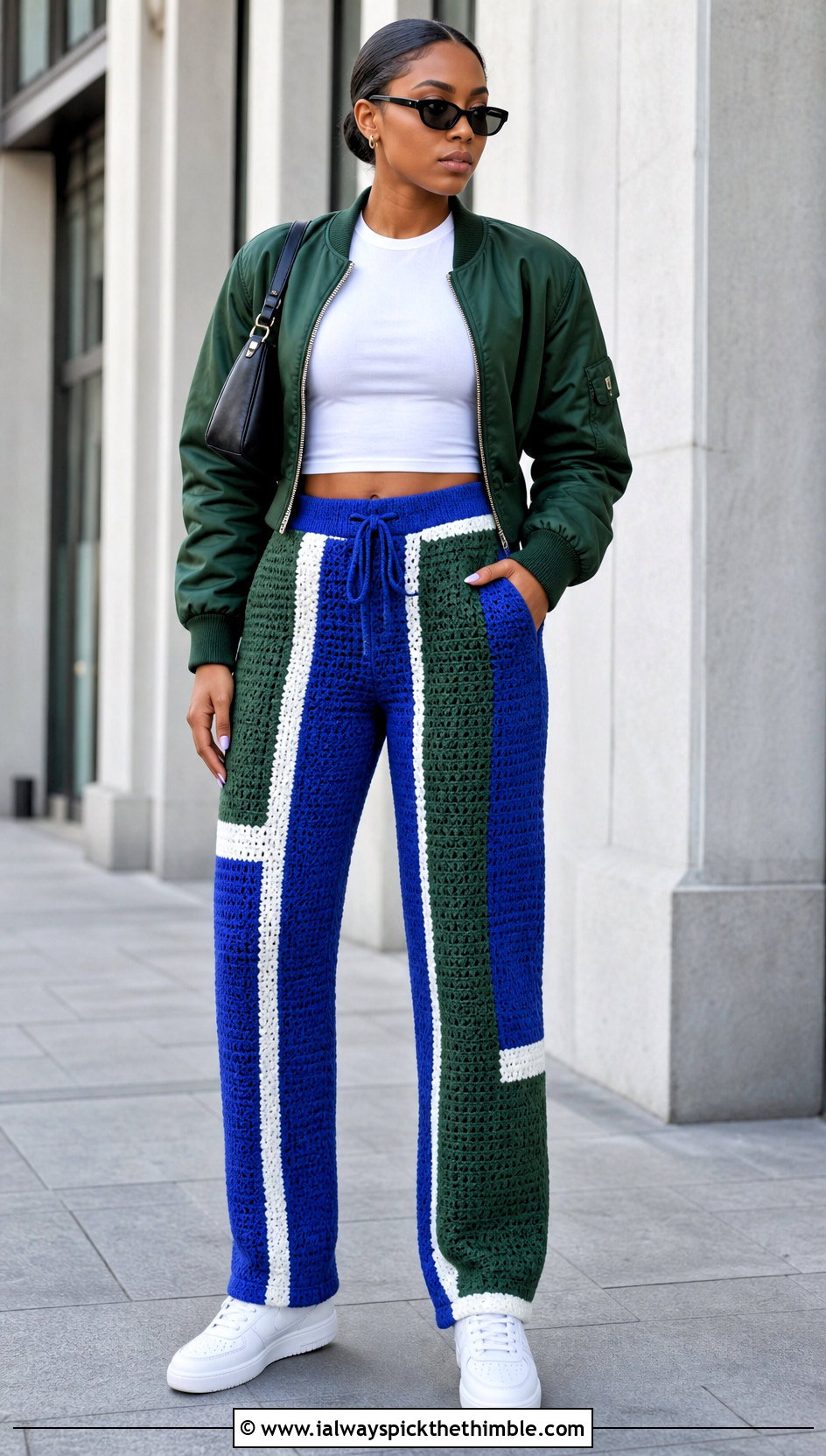 Color Block Crochet Pants With Bomber Jacket - 20 colorful crochet pants outfit ideas