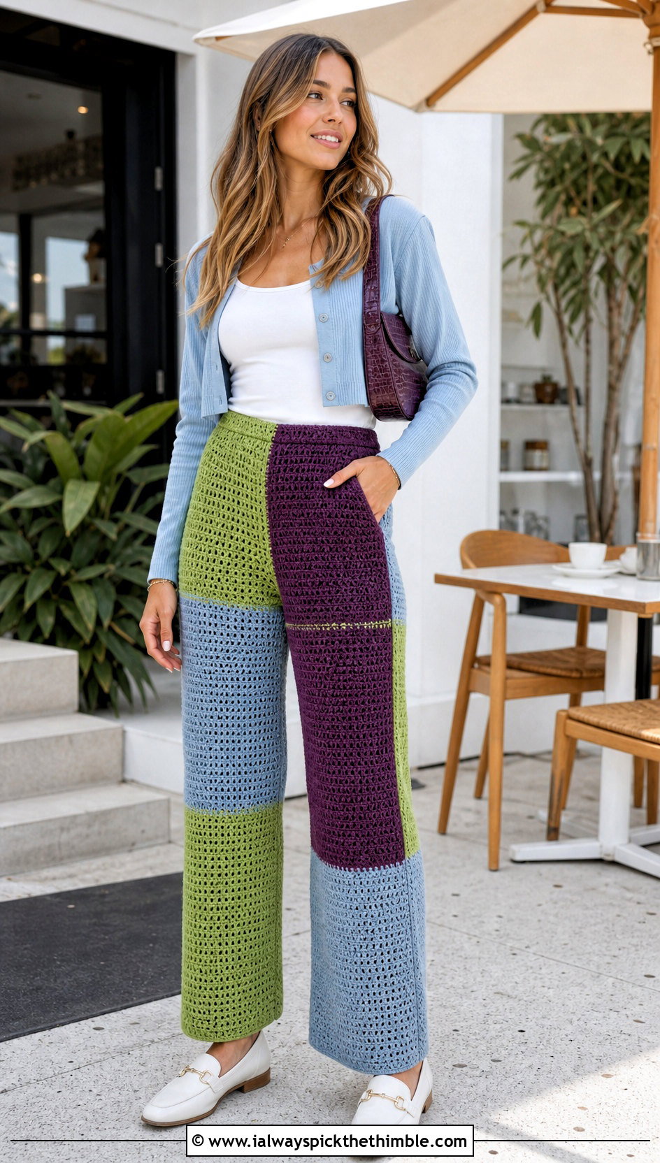 Color Block Crochet Pants With Cropped Cardigan - 20 crochet pants women outfit ideas