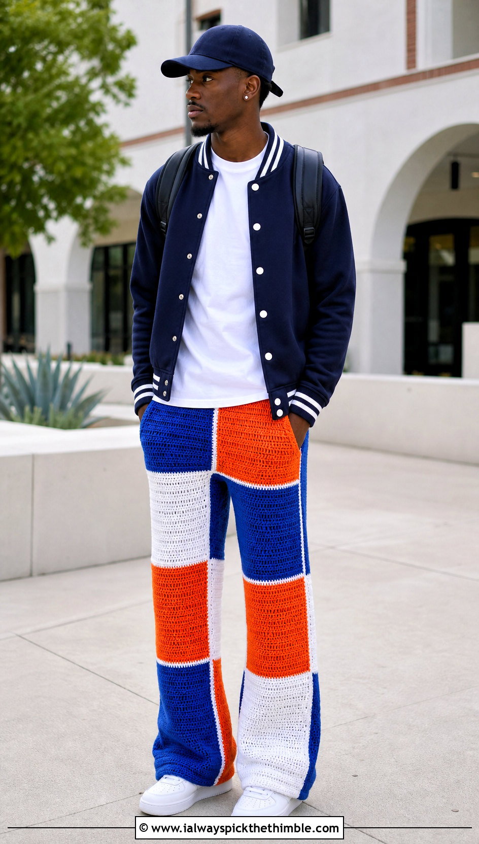 Color Block Crochet Pants With Varsity Jacket - 25 crochet pants men outfit ideas