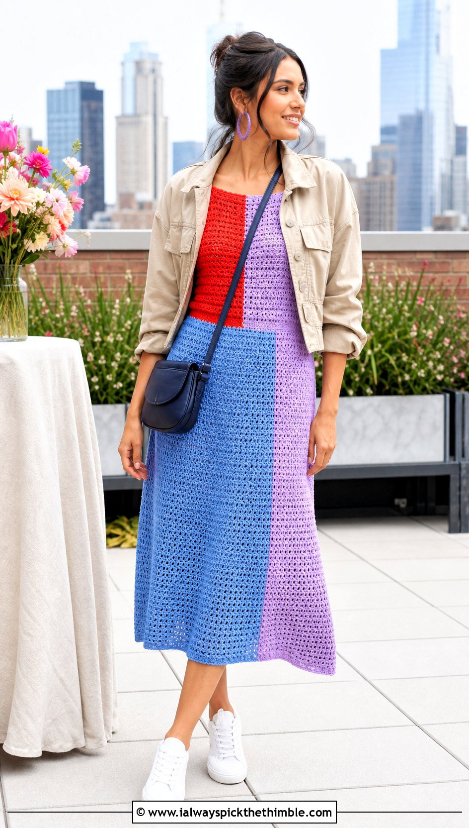 Color Block Crochet Party Dress With White Sneakers - 25 crochet party dress outfit ideas