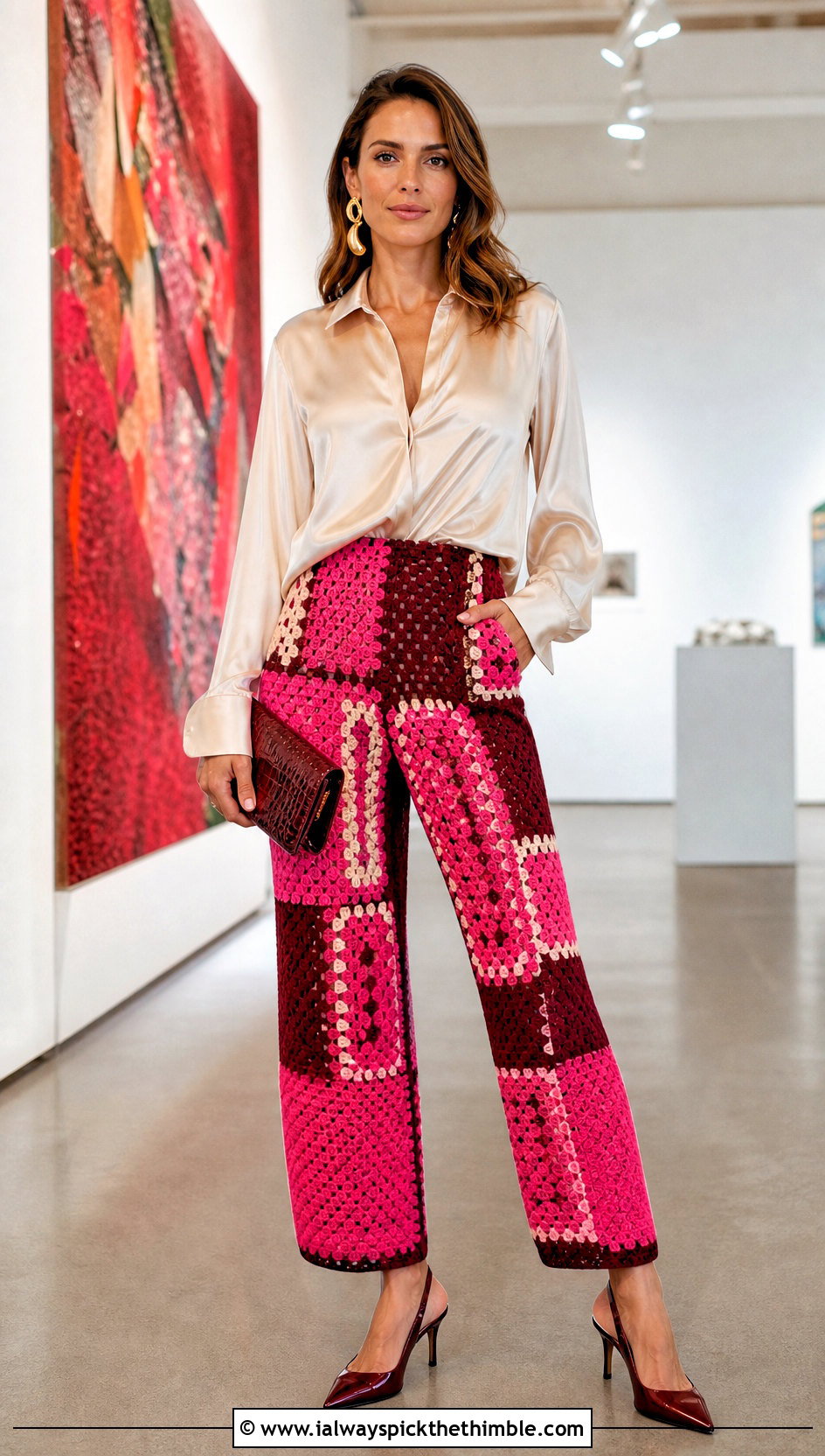 Color Block Crochet Patchwork Pants With Satin Blouse - 15 Crochet Patchwork Pants outfit ideas