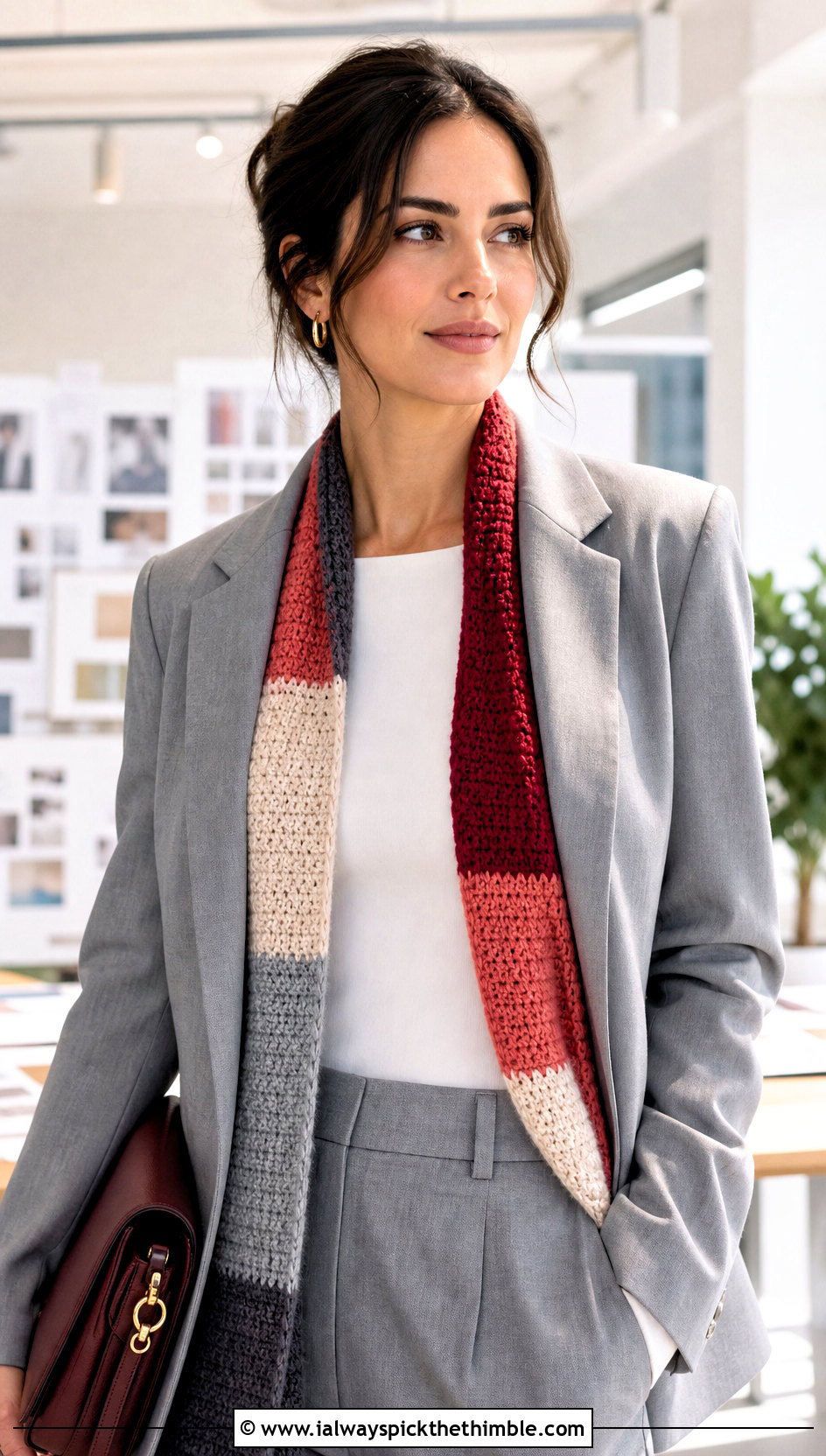 Color Block Crochet Pencil Scarf With Trouser Suit - 20 Crochet Pencil Scarf outfit ideas