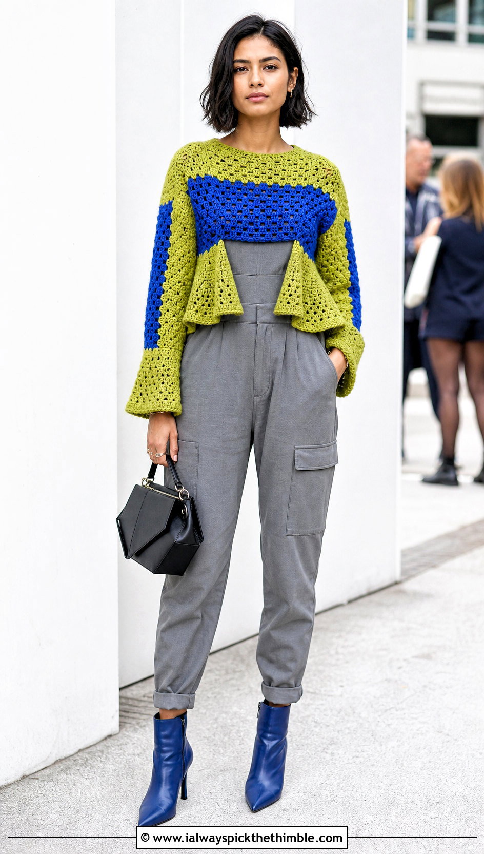 Color Block Crochet Peplum Sweater Over A Utility Jumpsuit - 15 Crochet Peplum Sweater outfit ideas