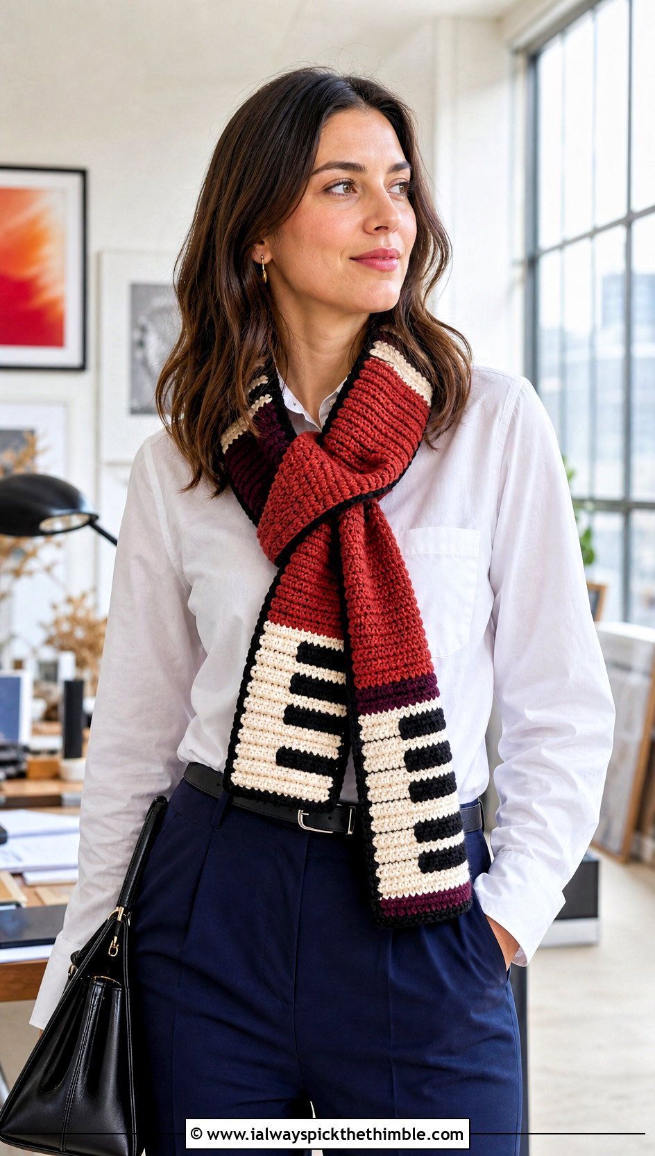 Color Block Crochet Piano Scarf With White Shirt - 25 crochet piano scarf outfit ideas