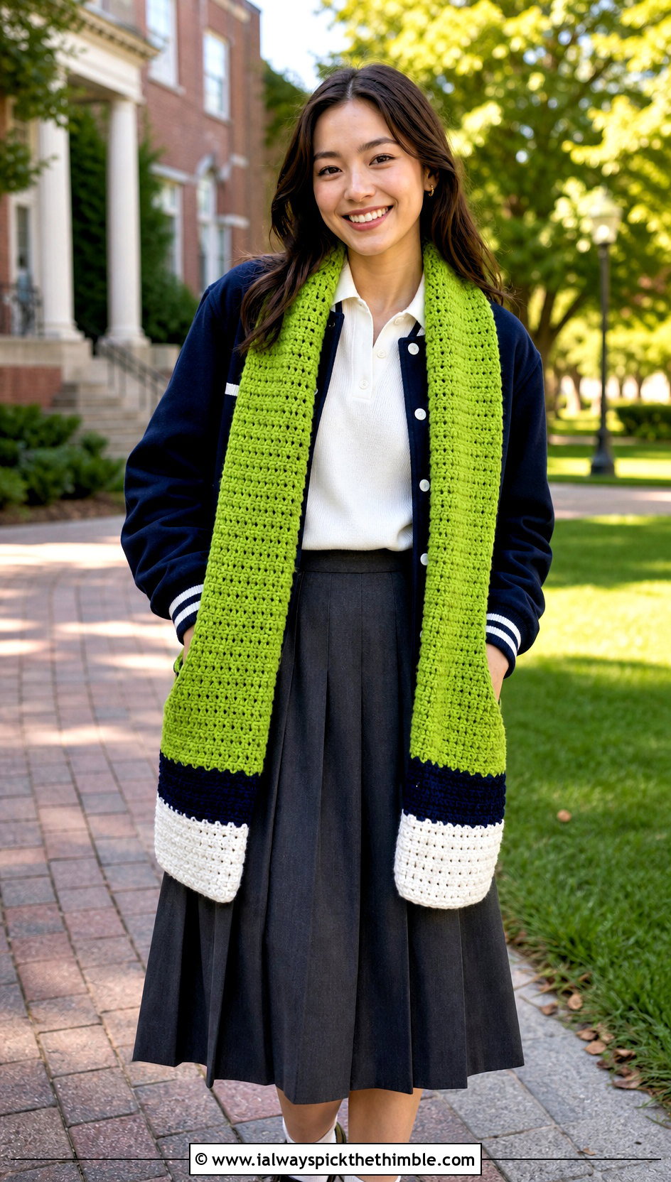 Color Block Crochet Pocket Scarf With Varsity Jacket - 15 Crochet Scarf With Hand Pockets outfit ideas