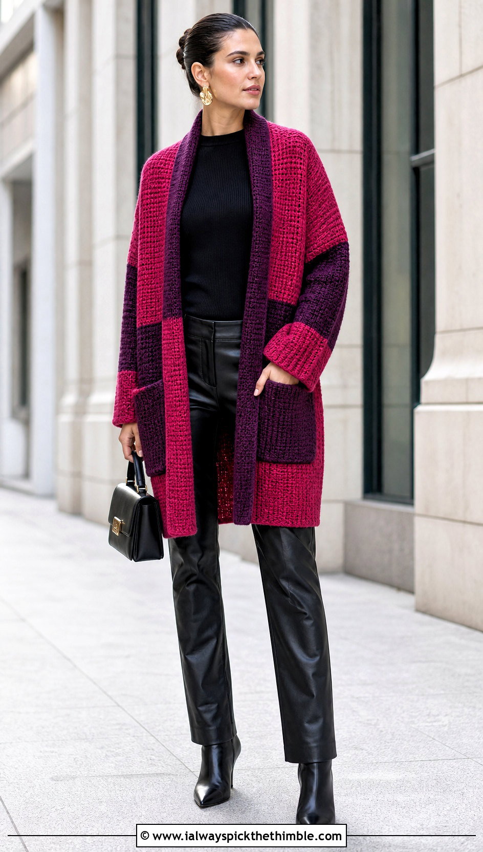 Color Block Crochet Pocket Shawl With Leather Pants - 20 Easy Crochet Shawl With Pockets outfit ideas
