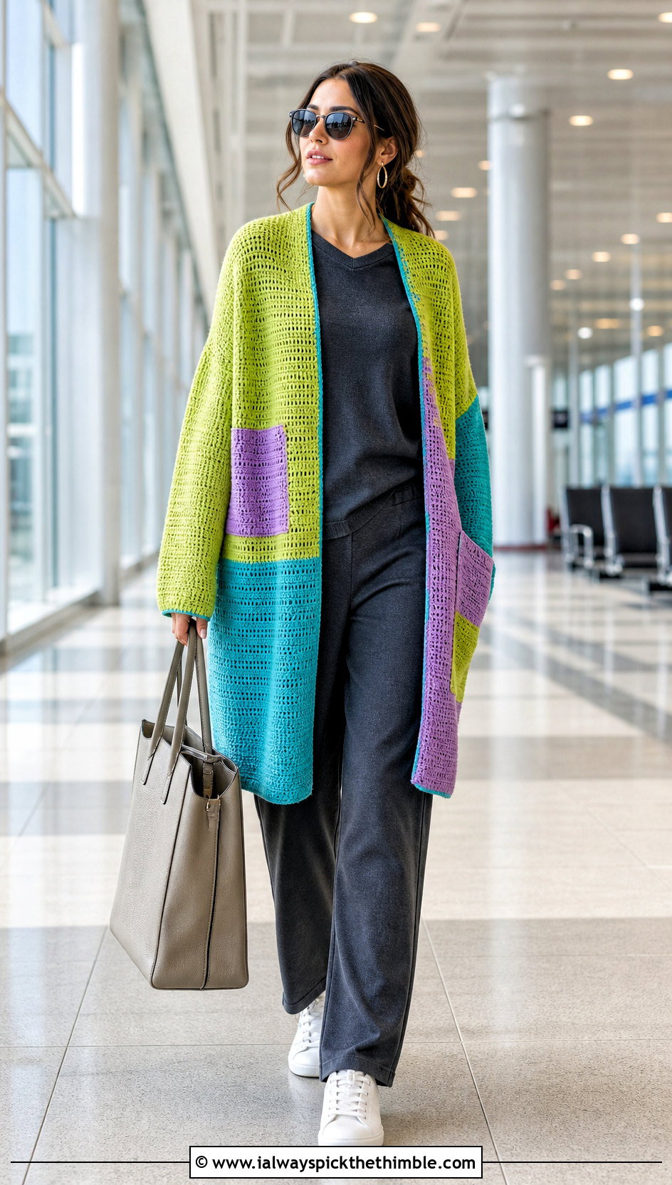 Color Block Crochet Pocket Shawl With Matching Knit Set - 25 crochet pocket shawl outfit ideas