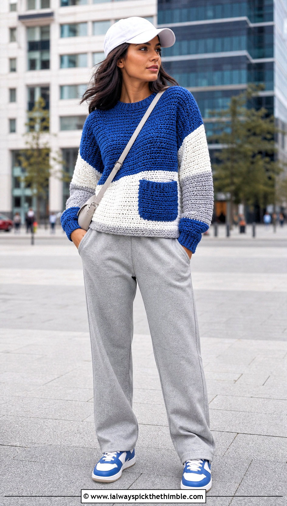 Color Block Crochet Pocket Sweater With Track Pants - 20 crochet sweater with pockets outfit ideas