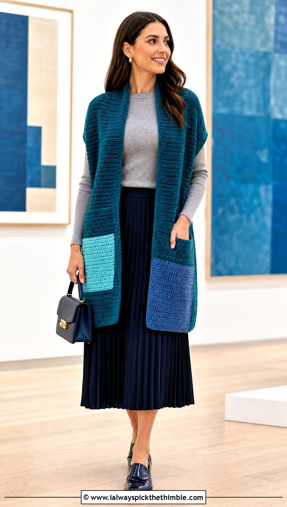Color Block Crochet Pocket Wrap With Pleated Midi Skirt - 20 Crochet Pocket Wrap outfit ideas