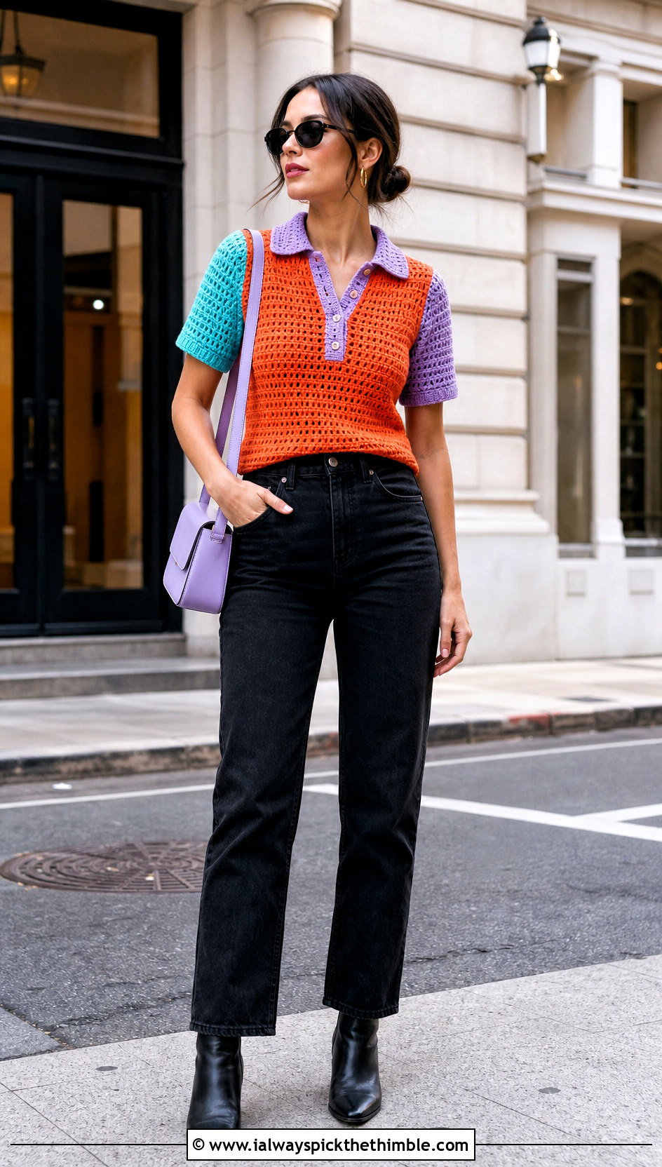 Color Block Crochet Polo Shirt With Black Denim - 25 crochet polo shirt outfit ideas