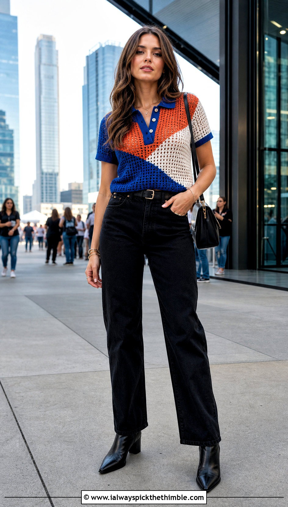 Color Block Crochet Polo Shirt With Black Jeans - 20 women crochet polo shirt outfit ideas