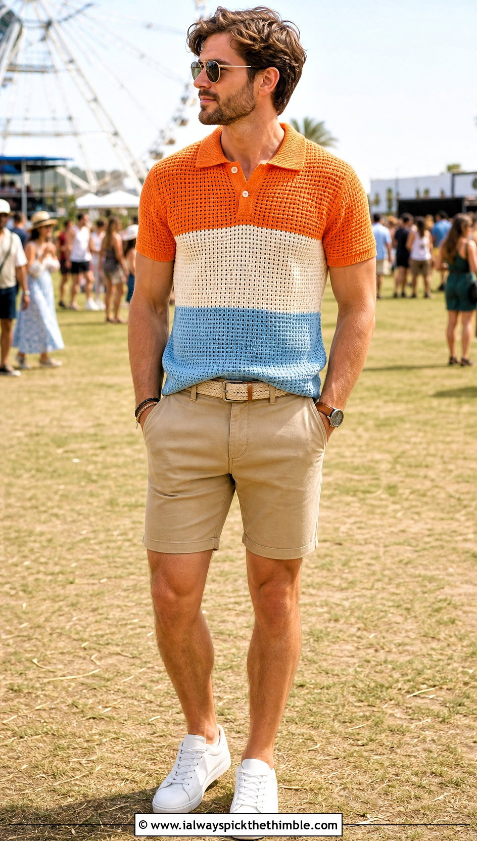 Color Block Crochet Polo With Chino Shorts - 15 Mens Crochet Polo Shirt outfit ideas