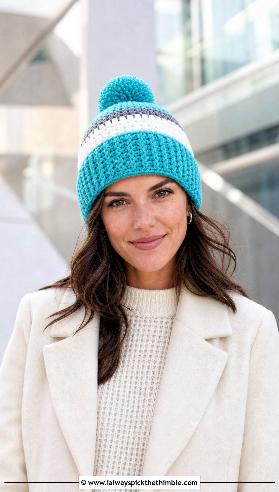 Color Block Crochet Pom Pom Beanie With Monochrome Outfit - 20 crochet beanie with pom pom outfit ideas