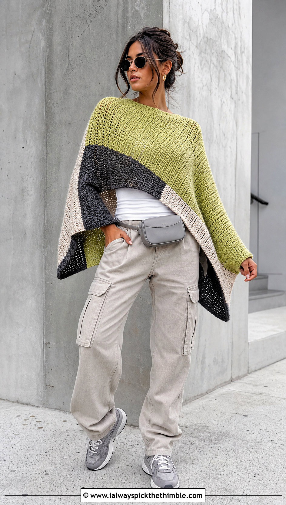 Color Block Crochet Poncho Sweater With Cargo Pants - 25 crochet poncho sweater outfit ideas