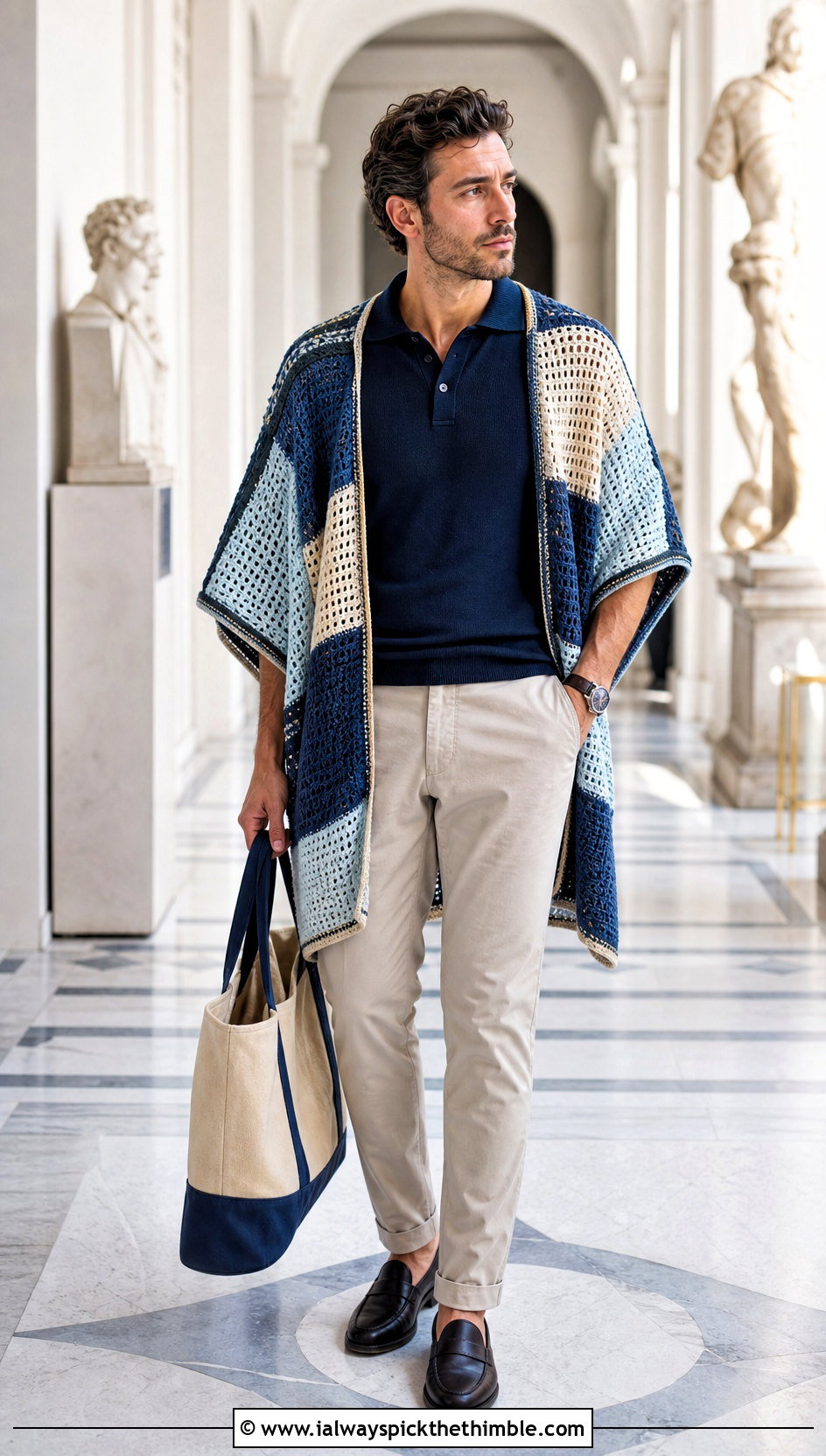 Color Block Crochet Poncho With Chinos - 20 men crochet poncho outfit ideas