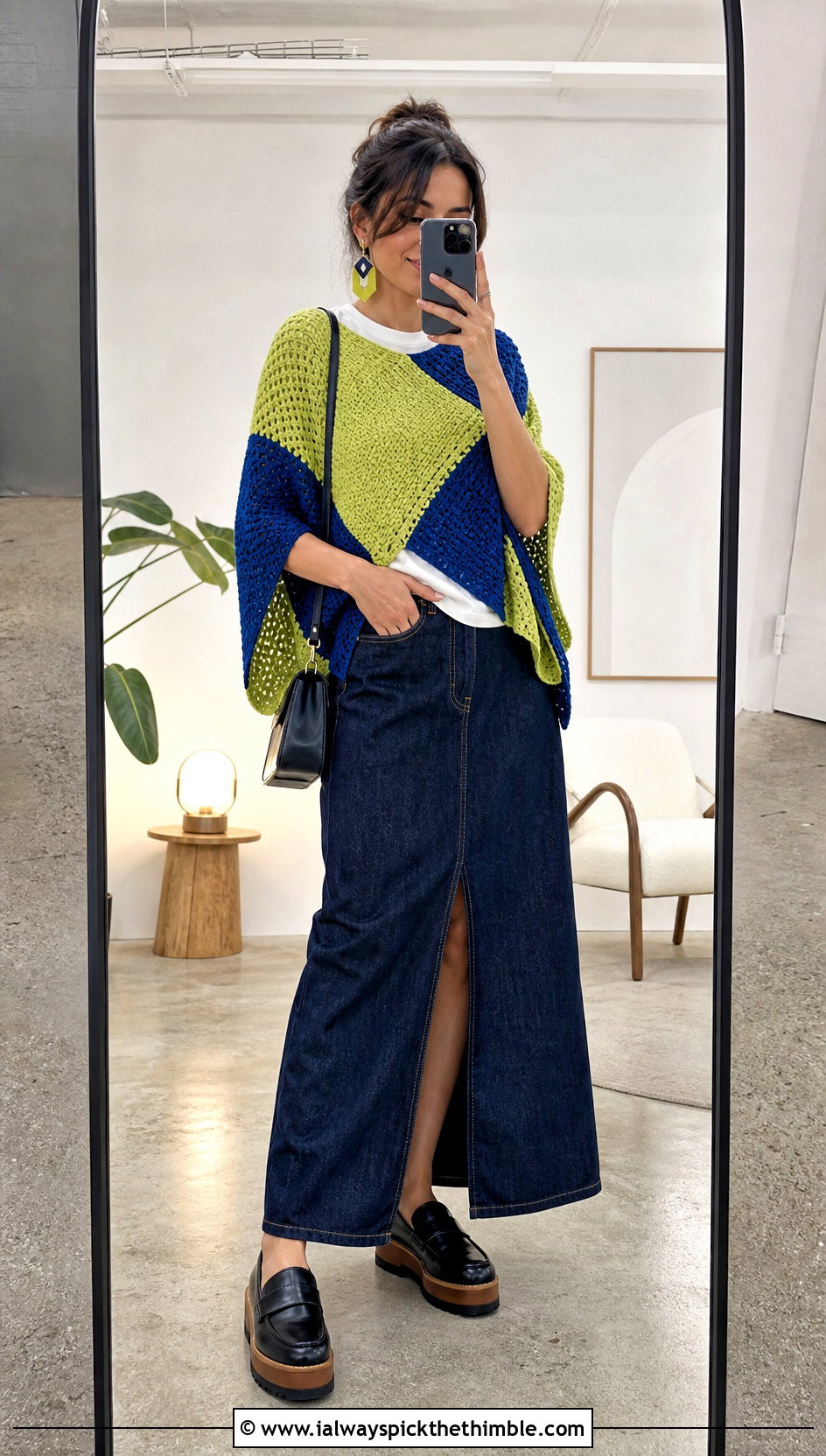 Color Block Crochet Poncho With Denim Maxi Skirt - 15 Modern Crochet Poncho outfit ideas