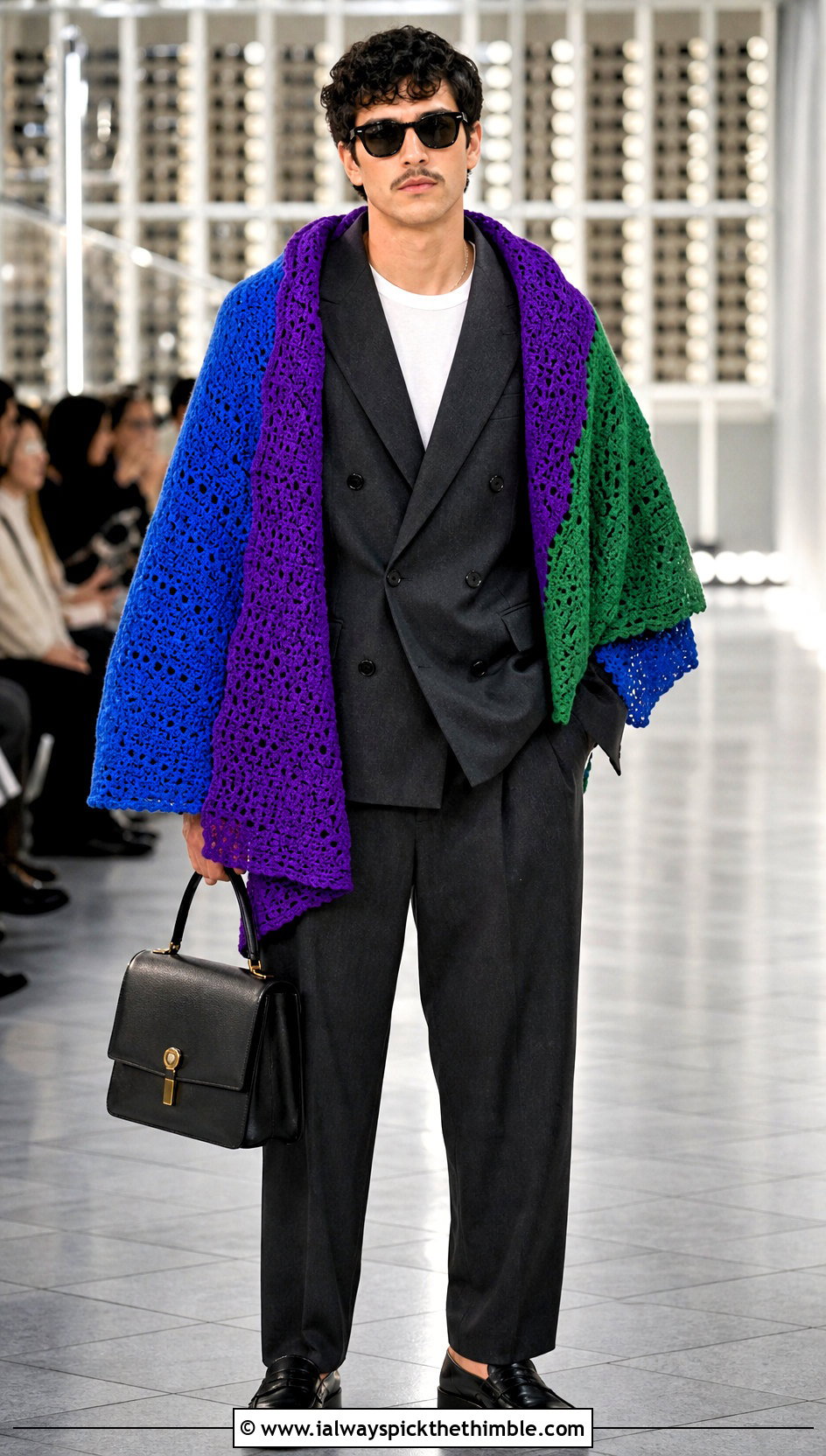 Color Block Crochet Poncho With Double Breasted Suit - 20 mens crochet poncho outfit ideas