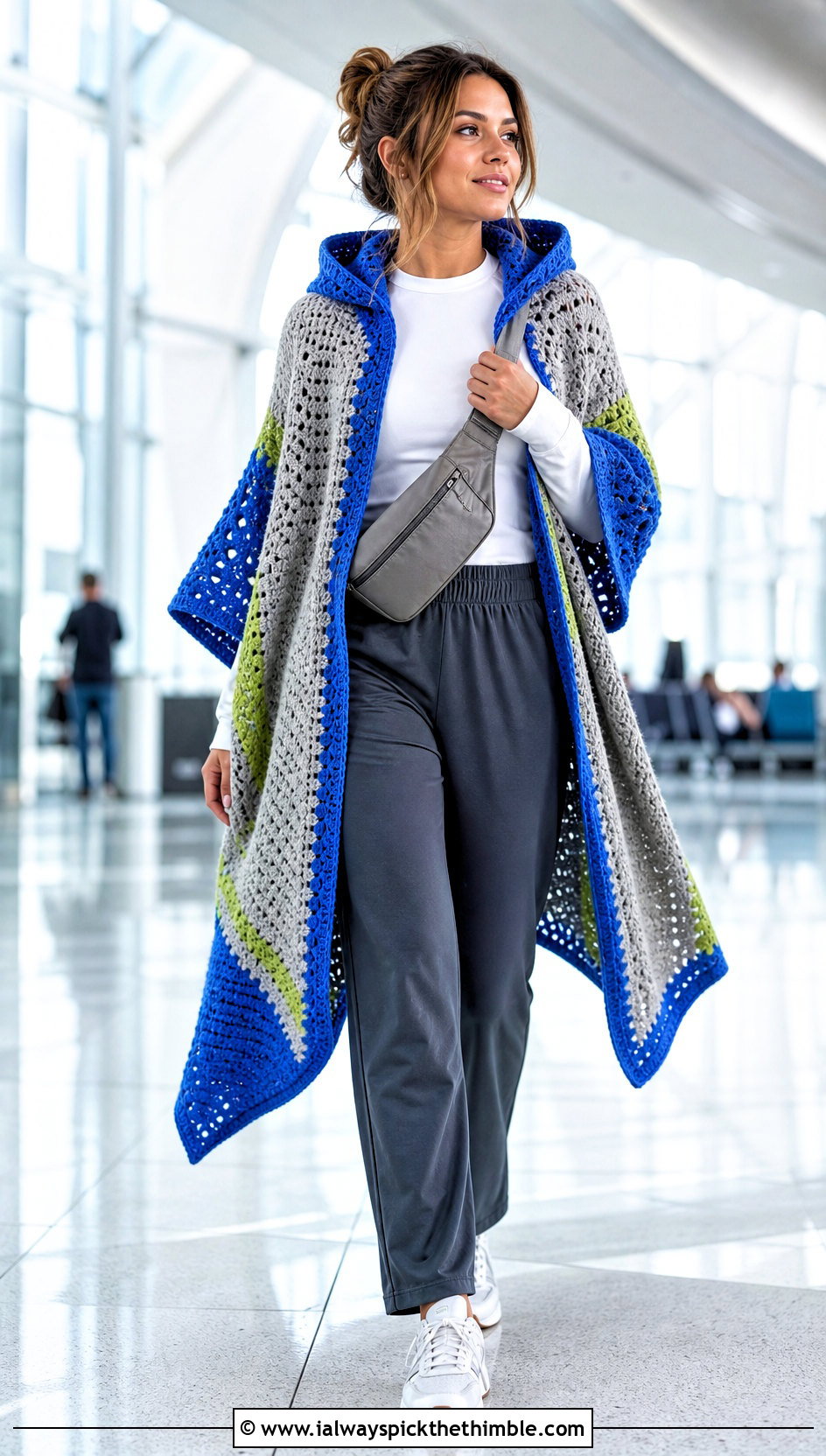 Color Block Crochet Poncho With Hood and Track Pants - 25 crochet poncho with hood outfit ideas