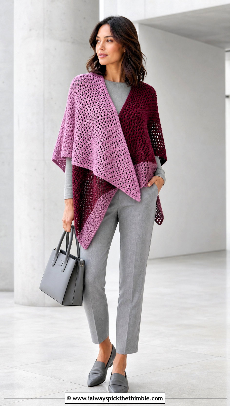 Color Block Crochet Poncho With Monochrome Trousers - 20 crochet lightweight poncho outfit ideas