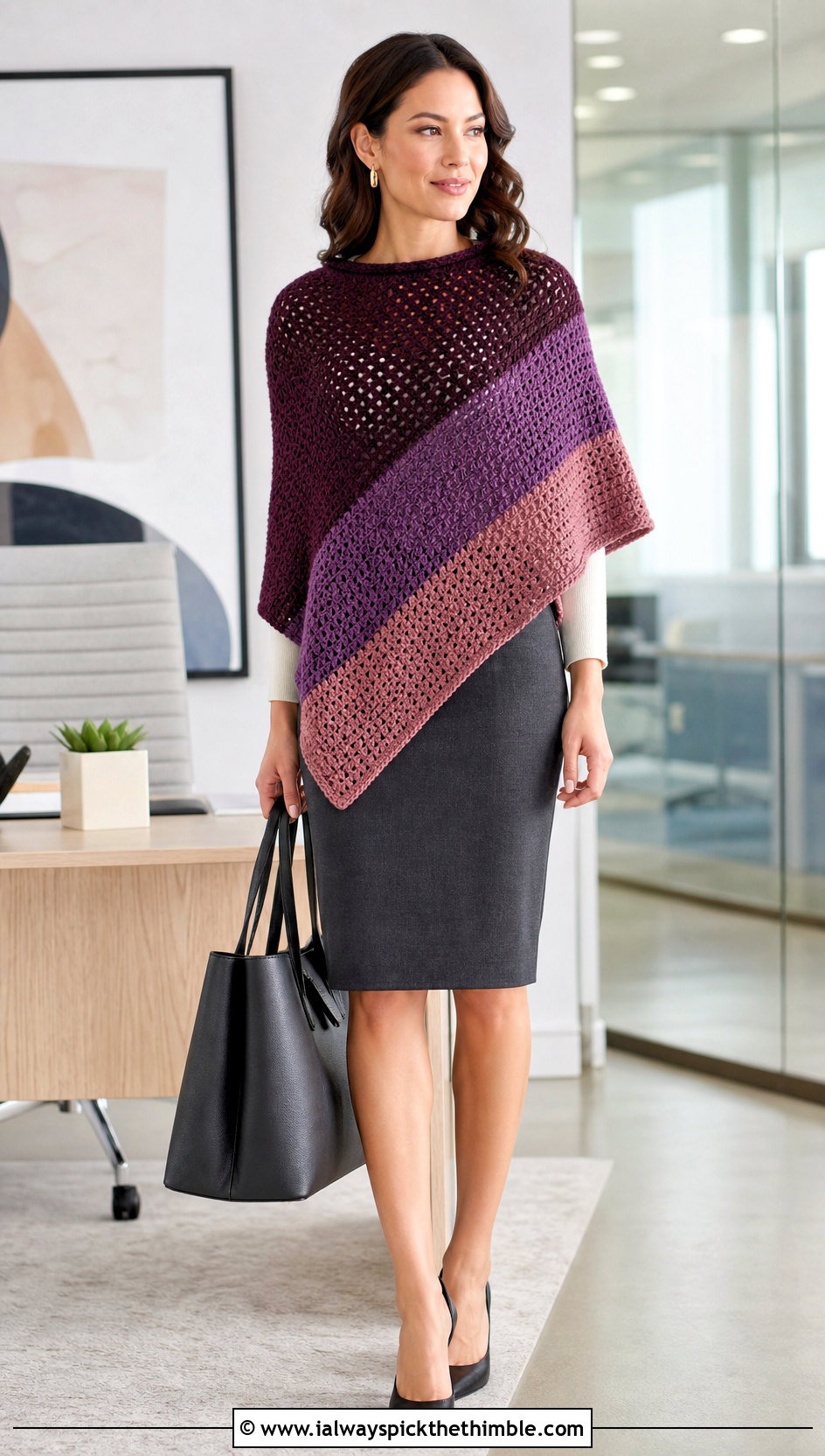 Color Block Crochet Poncho With Pencil Skirt - 25 easy crochet poncho outfit ideas