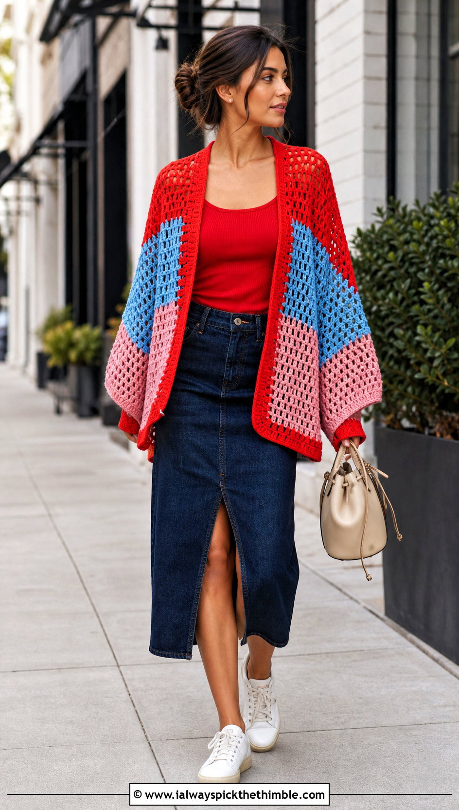 Color Block Crochet Poncho With Sleeves And Denim Midi Skirt - 20 crochet poncho with sleeves outfit ideas