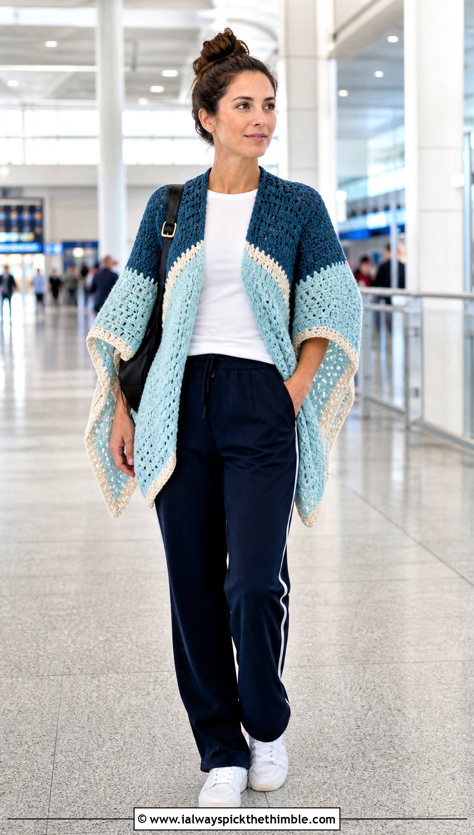 Color Block Crochet Poncho With Track Pants And Sneakers - 20 Crochet Fall Poncho outfit ideas