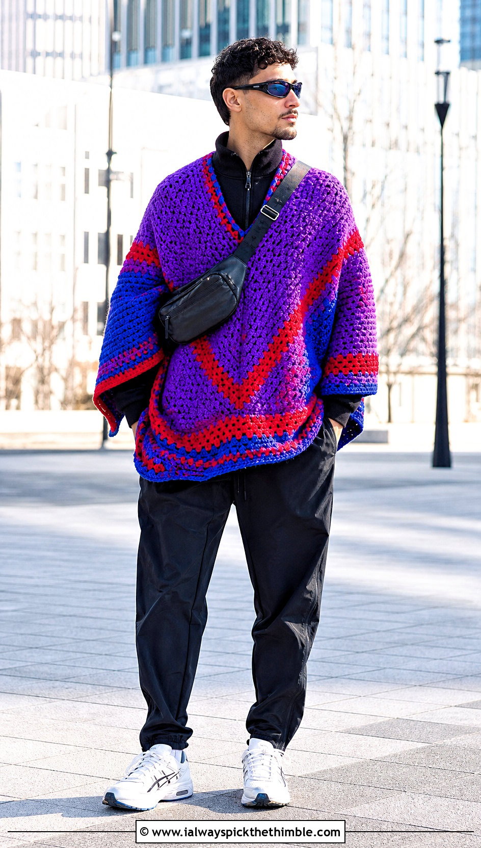 Color Block Crochet Poncho With Track Pants - 20 crochet men's poncho outfit ideas