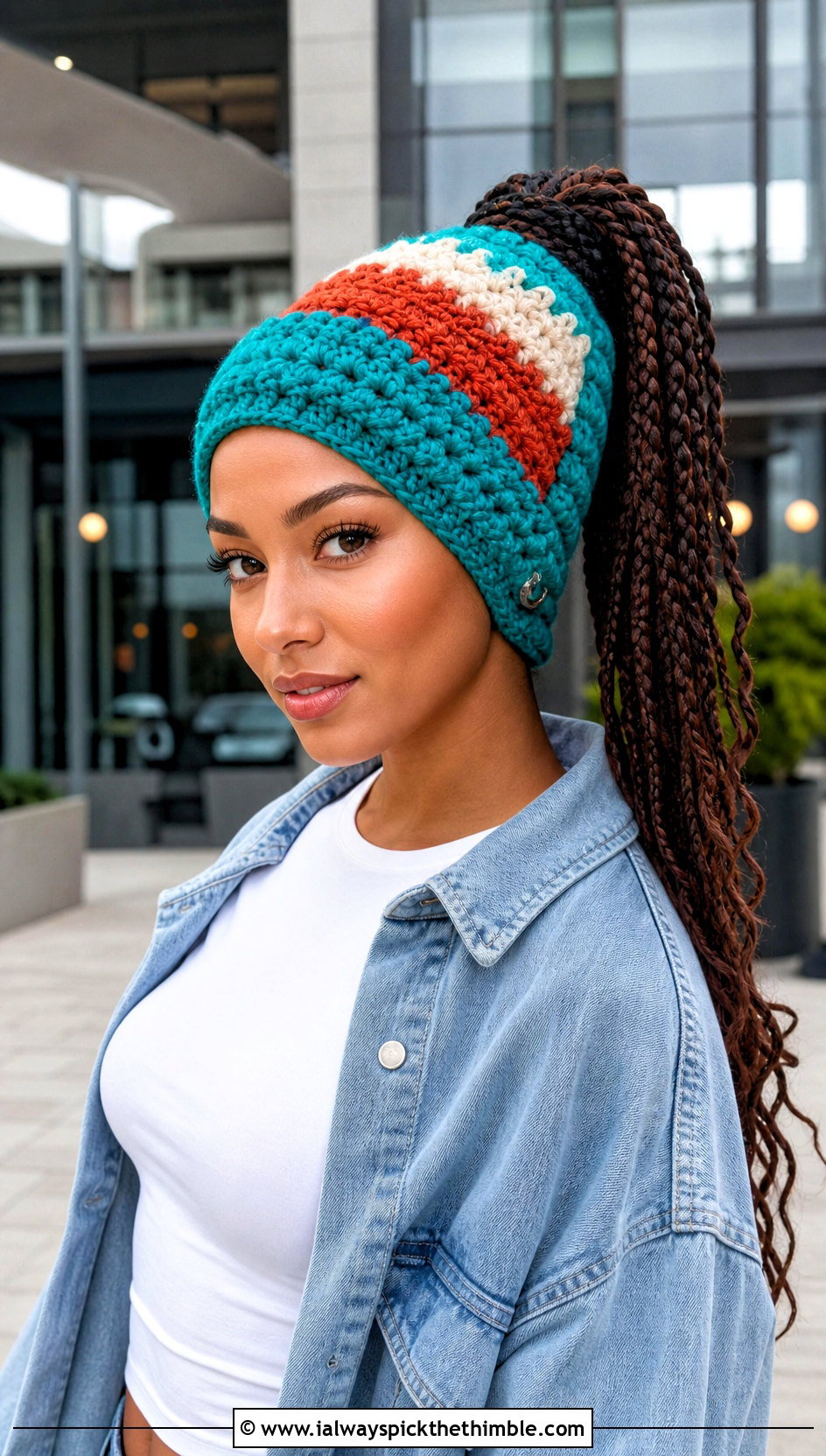 Color Block Crochet Ponytail Hat With Cargo Pants - 25 crochet ponytail hat outfit ideas