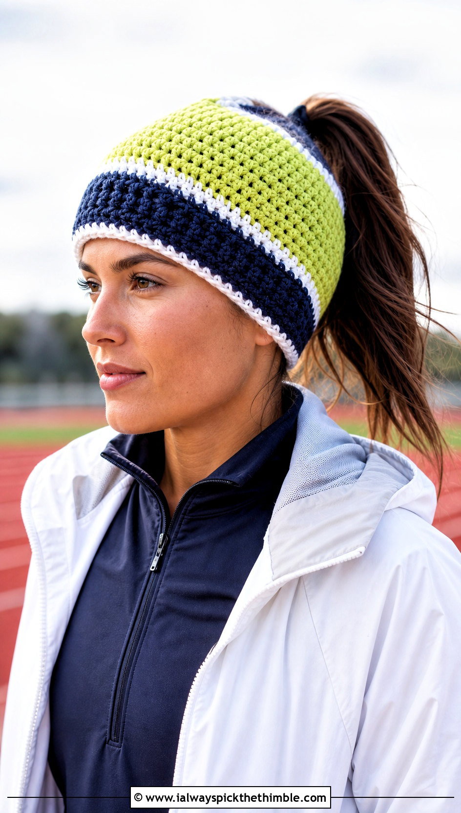 Color Block Crochet Ponytail Hat With Track Pants - 20 crochet hat with ponytail hole outfit ideas