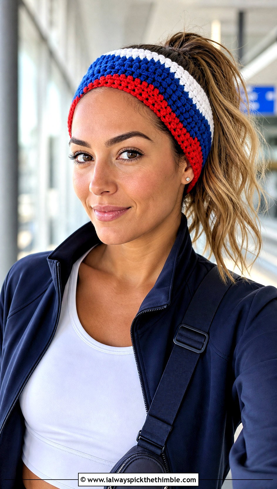 Color Block Crochet Ponytail Headband With Track Jacket - 20 crochet headband with ponytail hole outfit ideas