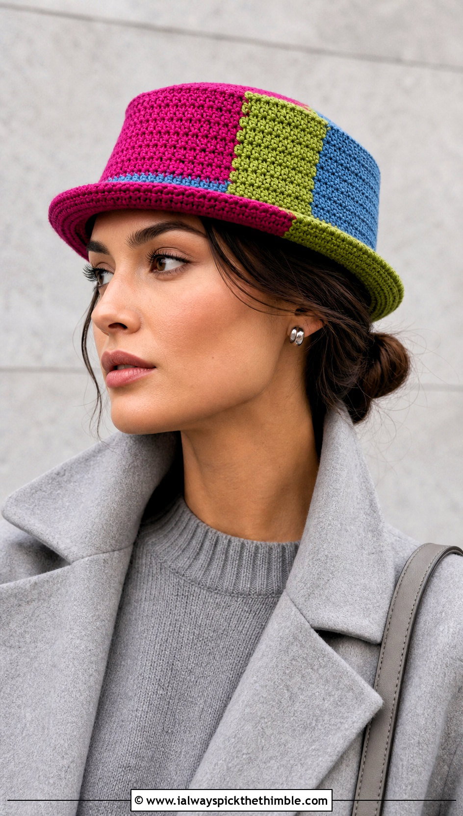 Color Block Crochet Pork Pie Hat With Monochrome Outfit - 20 crochet pork pie hat outfit ideas
