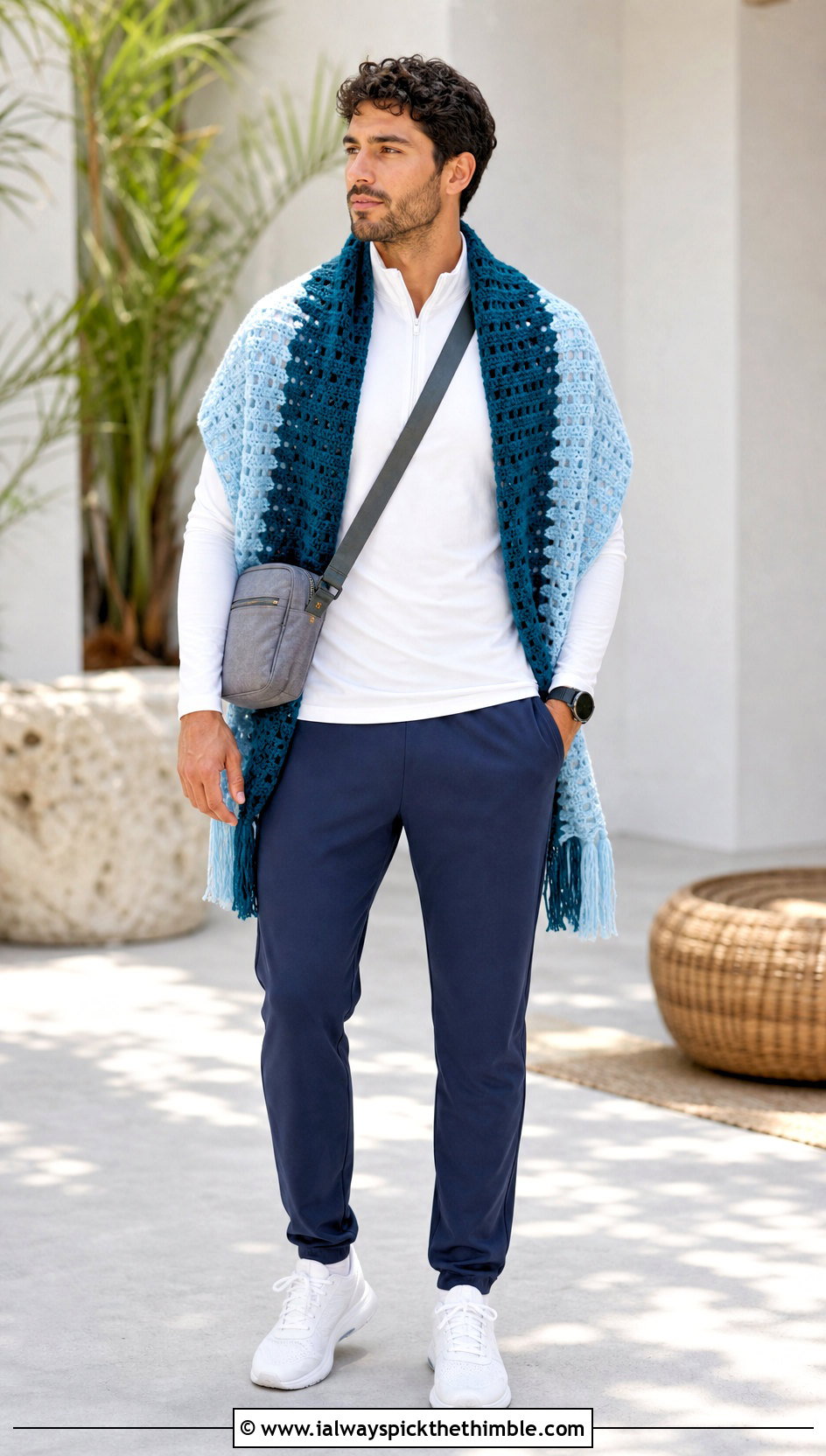 Color Block Crochet Prayer Shawl With A Sporty Outfit - 20 Mens Crochet Prayer Shawl outfit ideas