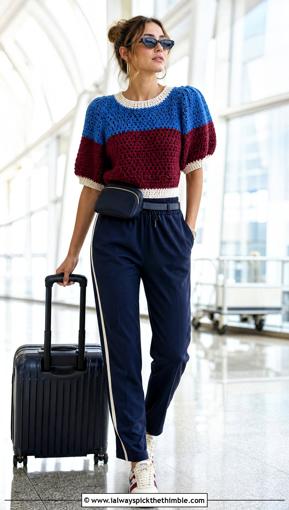 Color Block Crochet Puff Sleeve Top With Track Pants - 25 crochet puff sleeve top outfit ideas