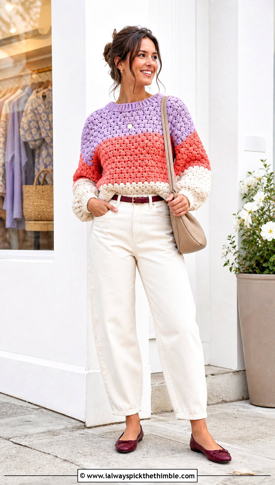 Color Block Crochet Puff Stitch Sweater With Ecru Jeans - 20 Crochet Puff Stitch Sweater outfit ideas