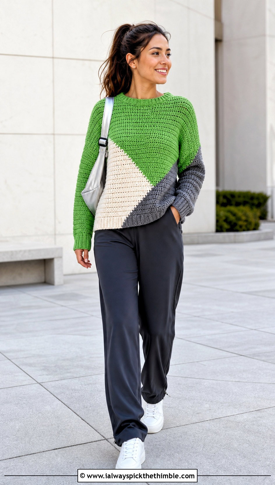 Color Block Crochet Pullover Sweater With Track Pants - 15 crochet for ladies pull over sweaters outfit ideas