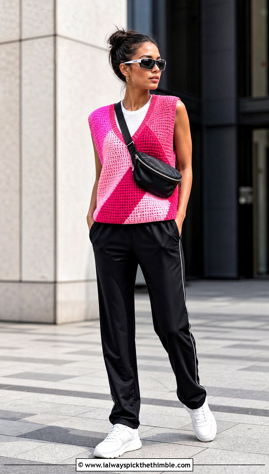Color Block Crochet Pullover Vest With Track Pants - 15 crochet pullover vest outfit ideas